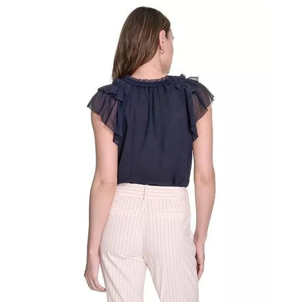 Tommy Hilfiger Split‑Neck Flutter‑Sleeve Chiffon Blouse Navy S $79 NWT - Picture 2 of 7